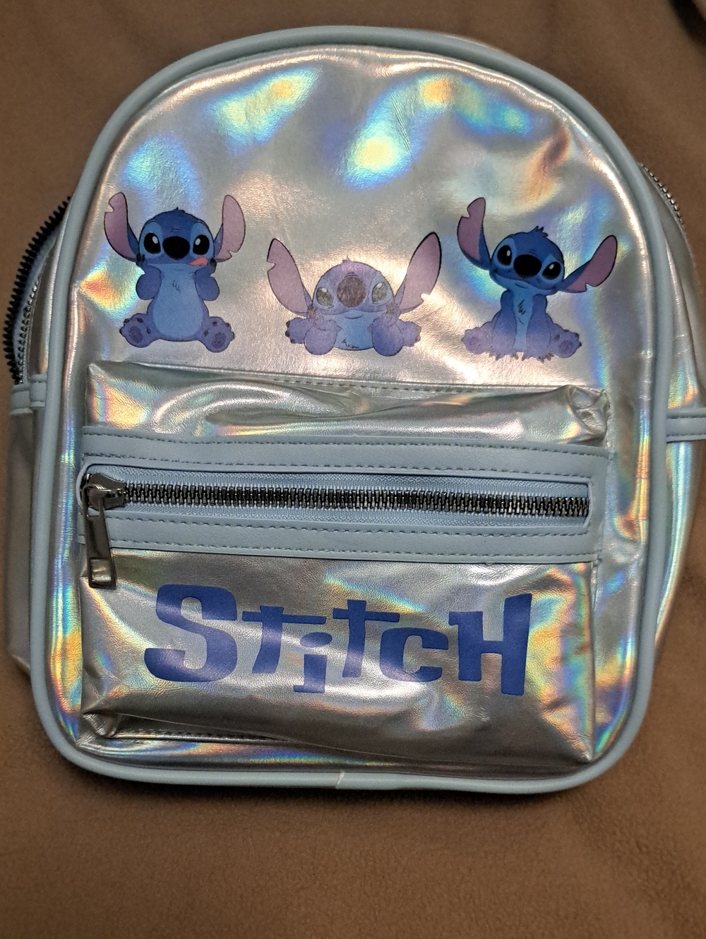 Disney Holographic Silver Stitch Kids Backpack with Blue Accents